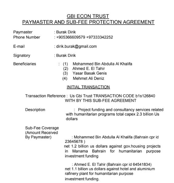 GBI ECON TRUST  PAYMASTER AND SUB-FEE PROTECTION AGREEMENT FAKE DOCUMENT
