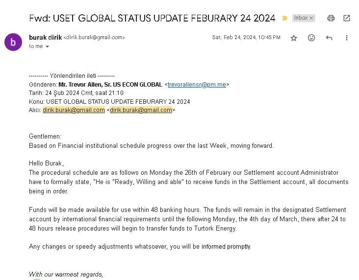 Fwd: USET GLOBAL STATUS UPDATE FEBURARY 24 2024 FRAUD EMAIL CONFIRMATION