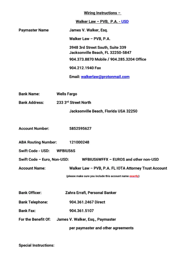 Fraud Paymaster Name James V. Walker, Esq. Walker Law – PVB